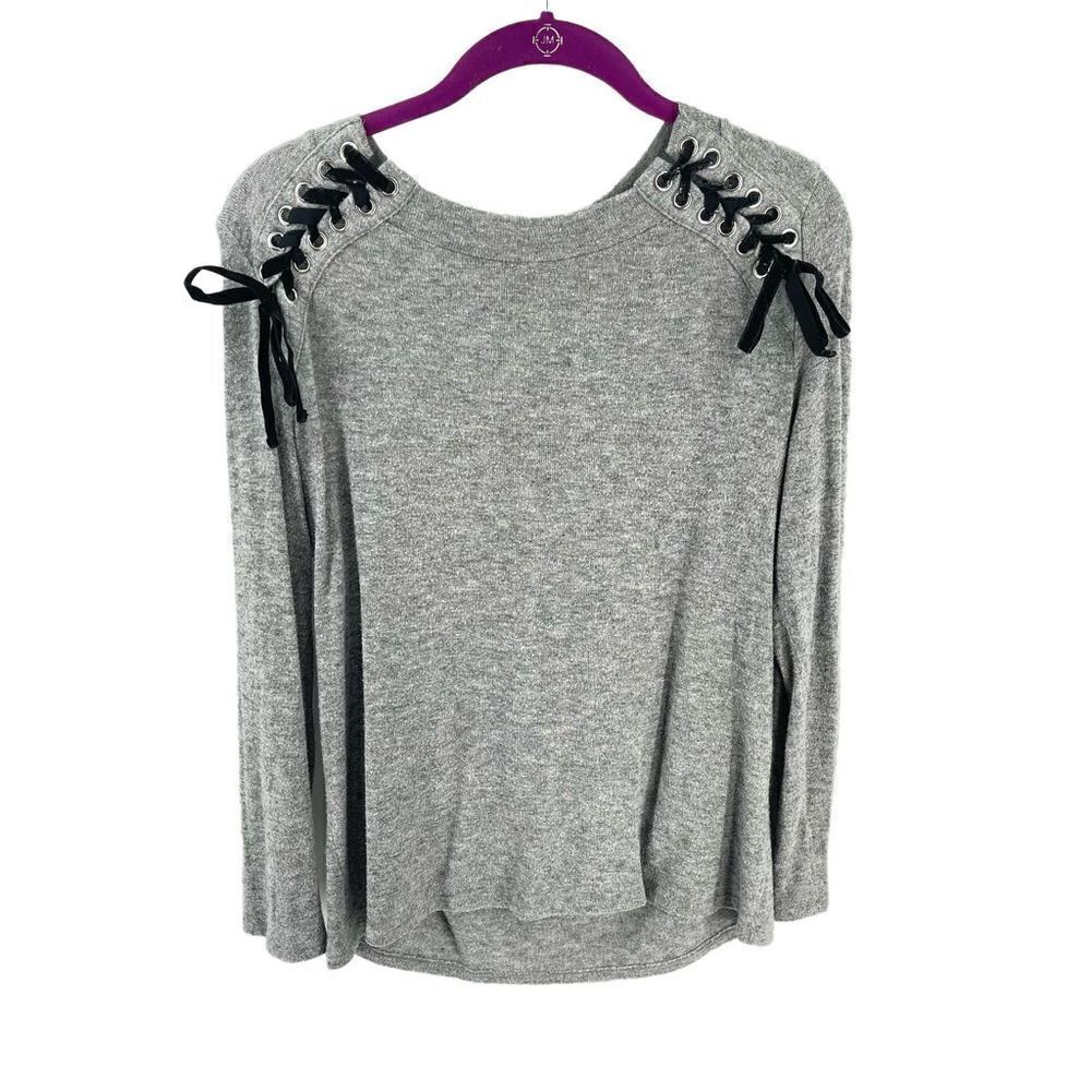 INC International Concepts lightweight sweater grey gray lace shoulders large